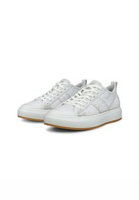 Sneaker in pelle bianca con dettagli tonali, punta tonda, design con lacci e suola in gomma con esterno color gomma, caratterizzati da piccole perforazioni sui lati.