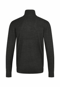 Temno sivi pulover z dolgimi rokavi in visokim ovratnikom, s rebrastimi manšetami in spodnjim robom, prikazan od zadaj na belem ozadju.