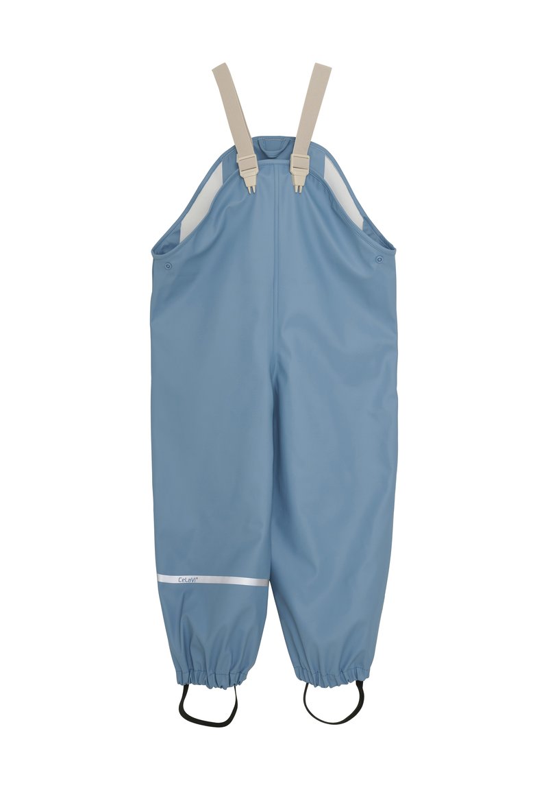Blå vattentäta overaller med justerbara beige remmar, elastiska manschetter, reflexrand och förstärkta fotremmar. Slät textur och hållbart material.