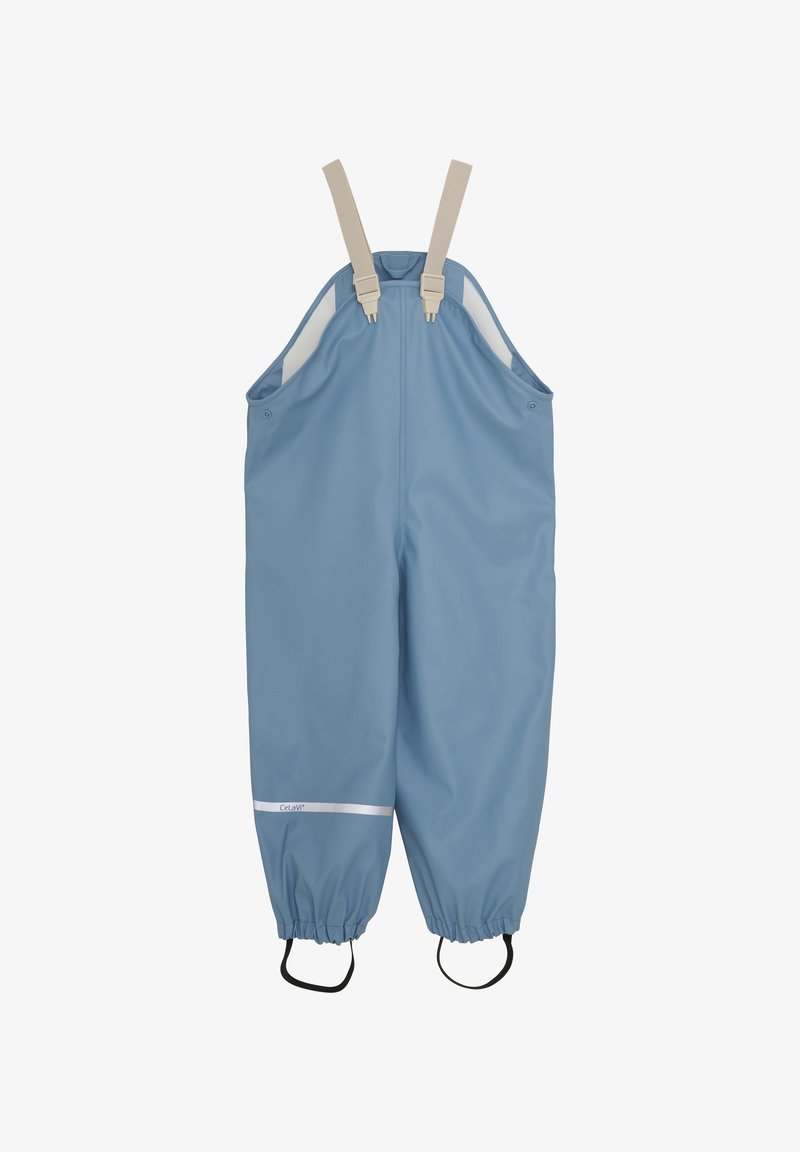 Blå vattentäta overaller med justerbara beige remmar, elastiska manschetter, reflexrand och förstärkta fotremmar. Slät textur och hållbart material.