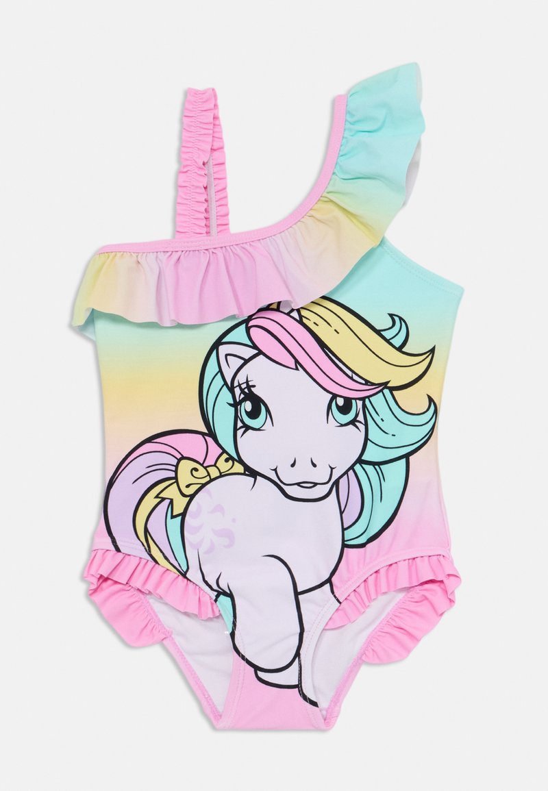 Maillot de bain une épaule dans des couleurs dégradées pastel, présentant un motif de licorne, des accents de volants et un bord rose. Fabriqué en tissu élastique.