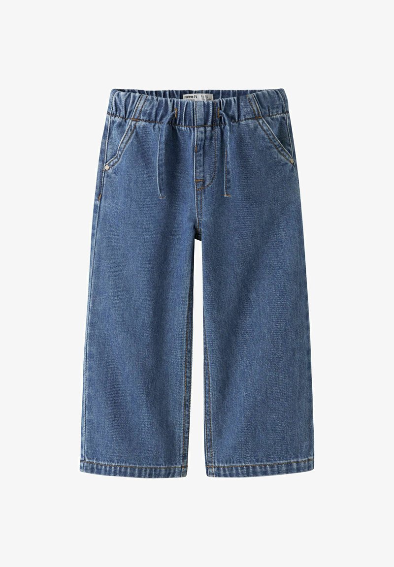 Pantalon en denim bleu pour tout-petit avec taille élastique, poches avant et jambes droites, présenté sur fond blanc.