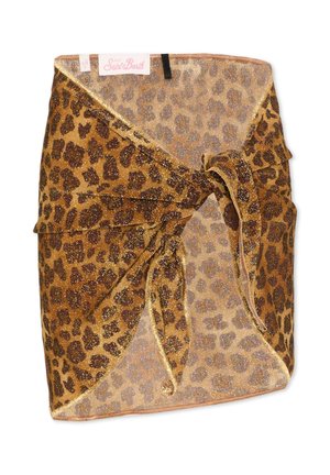 Gonna avvolgente con stampa leopardata in tessuto scintillante e dettaglio annodato sul davanti, etichetta Saint Barth visibile all'interno della fascia della vita.