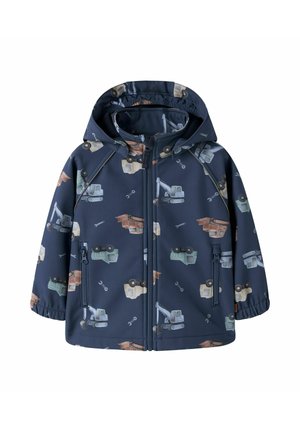 Veste d'enfant bleu marine avec capuche, dotée de poches zippées et d'un motif représentant divers engins et outils de construction.