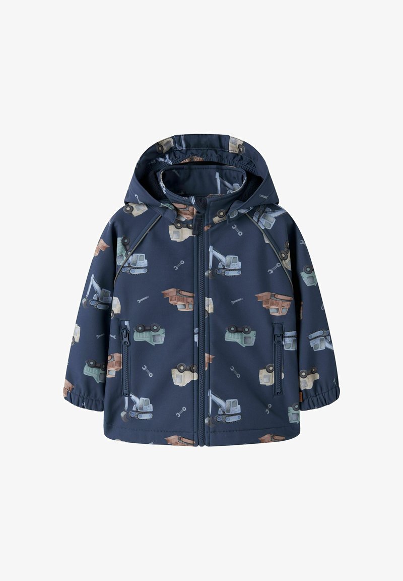 Veste d'enfant bleu marine avec capuche, dotée de poches zippées et d'un motif représentant divers engins et outils de construction.