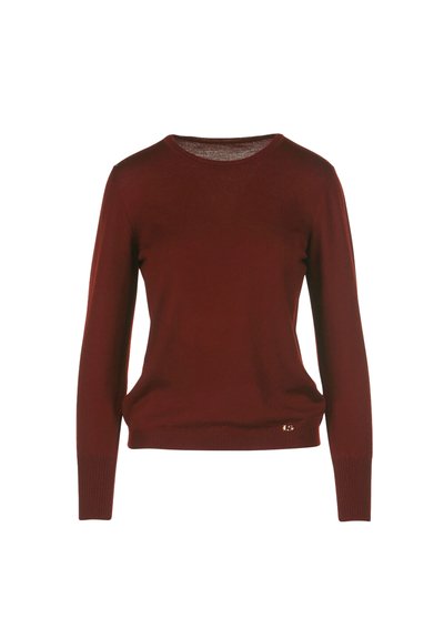 Pulover burgundy, cu mâneci lungi, guler rotund, manșete și tiv cu bandă, fabricat dintr-un material moale, prezintă un mic logo metalic în partea de jos.