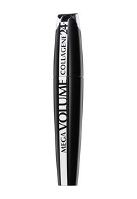 Tubetto di mascara nero con un design elegante ed allungato. Presenta lettere bianche con la scritta "MEGA VOLUME COLLAGENE 24H." Finitura liscia e lucida.