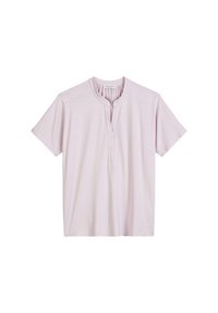 Lichtpaarse shirt met korte mouwen en een opstaande kraag, voorzien van een vijfknopssluiting en een zachte, gladde textuur.