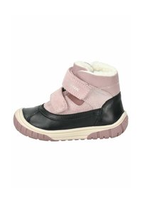Bota tobillera negra y rosa con diseño impermeable, forro suave, cierre con tiras de Velcro, suela de goma y parte superior texturizada para mayor agarre.