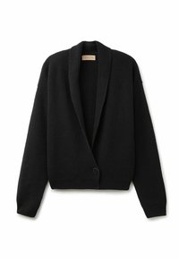 Svart stickad cardigan med sjalkrage, öppen front, långa ärmar och en enda knappstängning. Texturerat tyg med ribbade detaljer.