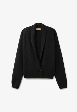 Black knitted cardigan with a shawl collar, open front, long sleeves, and a single button closure. Textured fabric with ribbed accents.