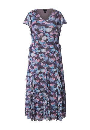 Vestido floral con un profundo escote en V, mangas cortas con vuelo y falda en capas. Está hecho de una tela ligera y semitranslúcida en tonos púrpura, rosa y azul.