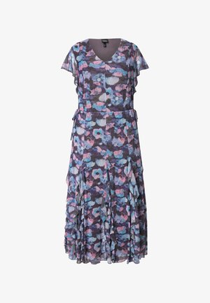 Bloemendress met een diepe V-hals, korte fluistermouwtjes en een gelaagde rok. Gemaakt van lichtgewicht, semi-doorzichtige stof in paarse, roze en blauwe tinten.