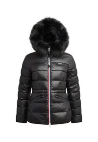 Czarna kurtka puchowa z kapturem z sztucznego futra, z zamkiem błyskawicznym z przodu i kieszeniami bocznymi. Posiada pikowany wzór oraz ozdobne logo na klatce piersiowej.