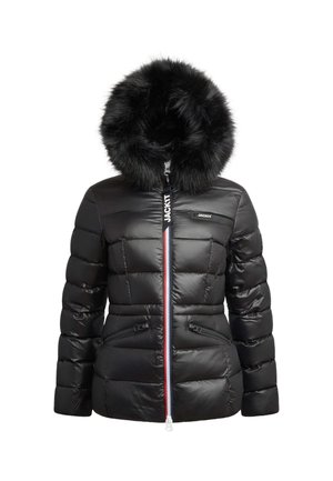 Černá péřová bunda s kapucí z umělé kožešiny, se zipem vpředu a bočními kapsami. Má prošívaný vzor a dekorativní logo na hrudi.