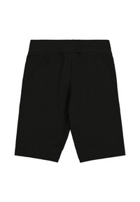 Pantaloni corti neri in cotone con vita elastica, lunghezza a metà coscia e una superficie liscia, caratterizzati da un design semplice e di un colore uniforme.