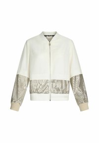 White bomber jacket with silver sequin panels on sleeves and bottom, rounded collar, and front zip closure. Soft fabric texture.