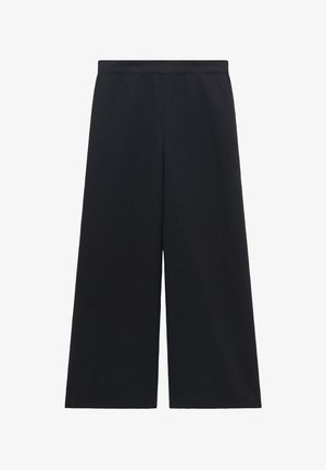 Pantaloni neri a gamba larga realizzati in tessuto leggero con una superficie liscia. Presentano una vita alta e nessun sistema di chiusura visibile.