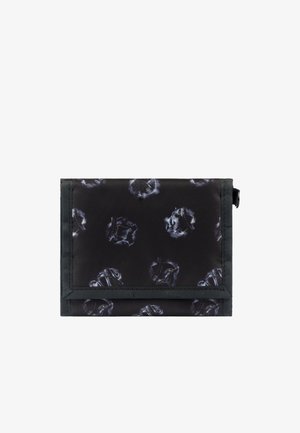 Schwarzes Stoffportemonnaie mit einem sich wiederholenden grafischen Muster. Es hat eine glatte Textur und genähte Kanten, mit einem Reißverschluss an der Seite.