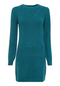 Robe en tricot bleu sarcelle avec manches longues, texture côtelée, encolure ronde et clous décoratifs sur les épaules. Design simple, ajusté et longueur au genou.