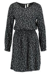 Robe noire à manches longues, taille élastique et motif abstrait blanc. Fabriquée en tissu léger, avec un col rond et une coupe décontractée.