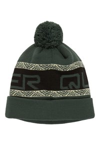 Gorro de punto en verde oscuro con un dobladillo, que presenta una banda negra con patrones geométricos en verde claro y un pompon a juego en la parte superior.