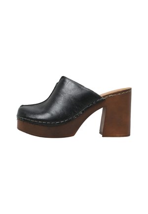 Zueco slip-on de cuero negro con plataforma de madera marrón y tacón alto y grueso, vista lateral sobre fondo blanco.
