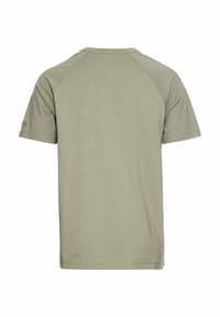 Olivengrøn kortærmet t-shirt lavet af blødt stof, med rund hals og raglanærmer. Minimalistisk design uden synlige mønstre.