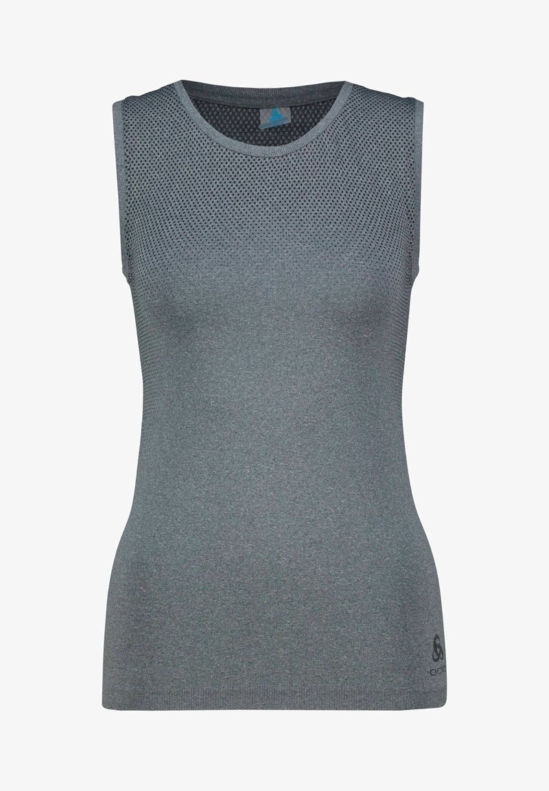 Débardeur de sport sans manches en gris foncé, fabriqué en tissu en maille respirant avec une coupe ajustée. Dispose d'un col rond et d'un logo discret en bas.