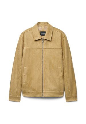 Beiger Wildlederjacke mit Reißverschluss vorne, spitzem Kragen, zwei Seitentaschen und minimalen Nahtdetails an der Brust und an den Bündchen.