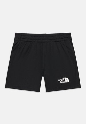 Črne športne kratke hlače z elastičnim pasom, stranskimi žepi in belim logotipom The North Face na spodnjem desnem delu noge.