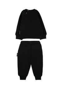 Set di felpa e pantaloni della tuta in cotone nero, con polsini a costine, vita elastica e un design semplice senza ulteriori motivi o dettagli.