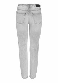 Light gray denim jeans with a straight cut, five-pocket design, and a black waistband accent. Features subtle faded texture.