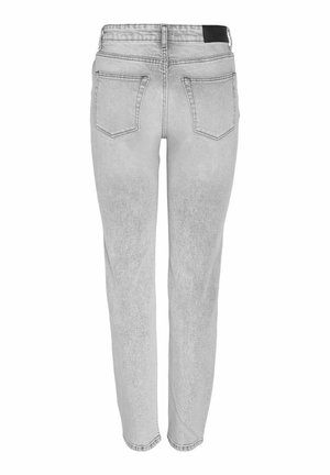 Jeans in denim grigio chiaro con taglio dritto, design a cinque tasche e un accentuato cinturino nero. Presentano una leggera texture sbiadita.