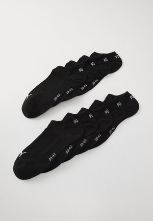 Schwarze Knöchelsocken in einer Reihe angeordnet. Jede Socke zeigt weißen Drucktext zur Größenangabe (39-42) und ein Logo. Glatte Textur.