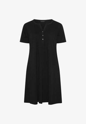 Black knee-length short-sleeve dress with a round split neckline, three front buttons, and subtle vertical pleats on the bodice.