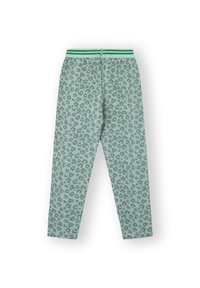 Pantalones de estampado de leopardo verde con una cinturilla elástica, que presentan un ligero brillo y un diseño ajustado. Tejido suave y textura ligera.