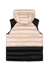 Gilet imbottito in tre blocchi di colore: rosa chiaro, beige e nero. Presenta un cappuccio, vasti fori per le braccia e un motivo a righe orizzontali.