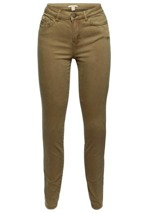 Jean skinny kaki en mélange de coton doux, doté d'un design à cinq poches, d'une fermeture à bouton et de détails brodés le long des coutures.