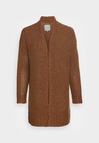 Brun stickad cardigan med öppen framsida, långa ärmar och ett mönster med textur. Gjord av mjukt garn, med en avslappnad silhuett.