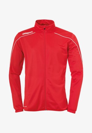 Rote Sportjacke mit hohem Kragen, Reißverschluss vorne und weißen Akzentstreifen an den Schultern. Hat elastische Bündchen und eine weiche Stoffoberfläche.