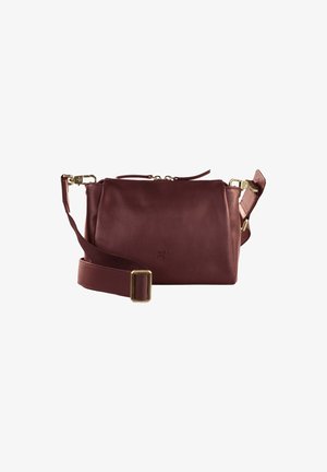 Borsa a tracolla in pelle di colore bordeaux scuro. Caratterizzata da una forma rettangolare, chiusura con zip, tracolla regolabile e dettagli in metallo dorato.