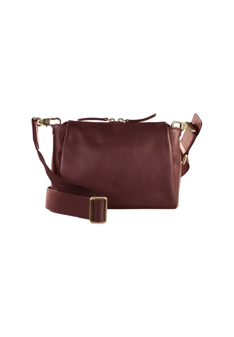 Borsa a tracolla in pelle di colore bordeaux scuro. Caratterizzata da una forma rettangolare, chiusura con zip, tracolla regolabile e dettagli in metallo dorato.