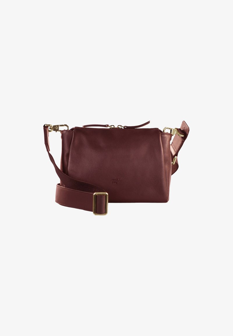 Borsa a tracolla in pelle di colore bordeaux scuro. Caratterizzata da una forma rettangolare, chiusura con zip, tracolla regolabile e dettagli in metallo dorato.