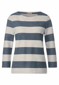 Randig långärmad topp i marinblått och krämvitt, med rundad halsringning och mjuk textur, med distinkta horisontella linjer.