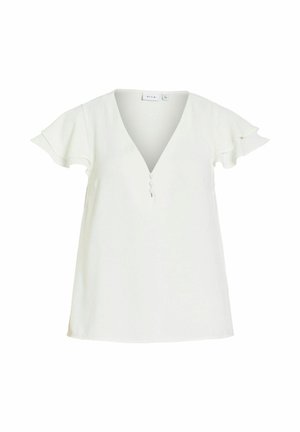 Bluza albă cu mânecă scurtă, decolteu în V, trei nasturi în față și mâneci evazate cu volane.