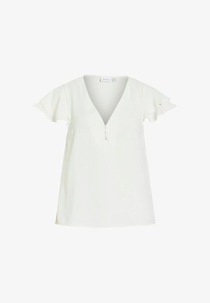 Fehér, rövid ujjú blúz V-nyakkivágással, elöl három gombbal és fodros, lengő ujjakon.