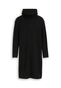 Robe à col roulé noire en tissu tricoté texturé, avec manches longues et silhouette décontractée s'étendant jusqu'à mi-mollet.
