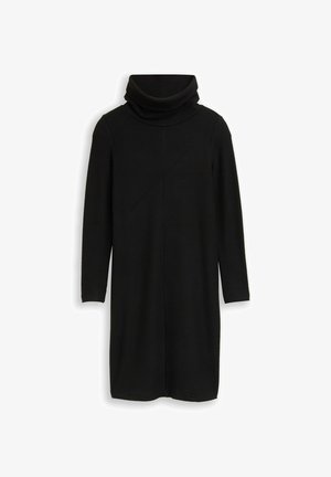Robe à col roulé noire en tissu tricoté texturé, avec manches longues et silhouette décontractée s'étendant jusqu'à mi-mollet.