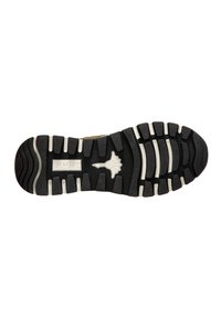Suela de zapato de goma negra con surcos profundos, que presenta un patrón texturizado y acentos blancos. Marcada con la marca "JOOP!" en el centro.